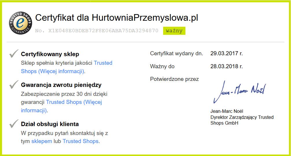 Certyfikat Trusted Shops dla HurtowniaPrzemyslowa.pl