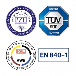 Certyfikaty ATESTY ISO PZH dla pojemników kubłów na śmieci i odpadki Europlast Austria
