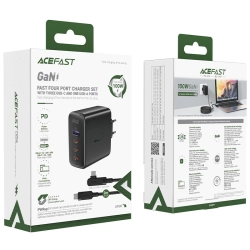 ACEFAST 6974316281665 Szybka ładowarka sieciowa GaN 3x USB-C 1x USB-A + kabel kątowy USB-C 100W 2m czarny