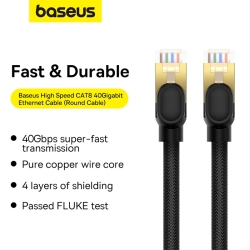 BASEUS 6932172646646 Szybki kabel przewód sieciowy LAN Ethernet RJ-45 cat.8 40Gbps okrągły 1.5m czarny
