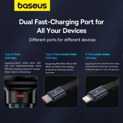 BASEUS 6932172641665 Ładowarka samochodowa ze zwijanym kalblem do iPhone Lightning USB-C 60W czarna