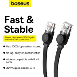 BASEUS 6932172637088 Kabel przewód sieciowy Ethernet Cat 6 RJ-45 1000Mb/s płaski 30m czarny