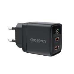 CHOETECH 6932112106100 Mała mocna ładowarka sieciowa GaN 2x USB-C PD 35W z wyświetlaczem czarna