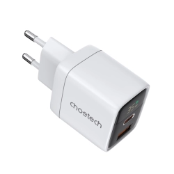 CHOETECH 6932112106162 Mała mocna ładowarka sieciowa GaN USB-A USB-C PD 35W z wyświetlaczem biała